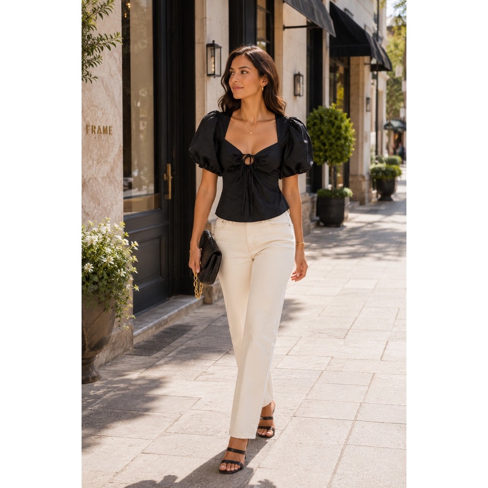 FRAME Noir Black Puff Sleeve Tie Front Keyhole Top XS